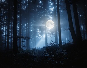Forêt sombre sous la lune – nature mystique et lumière nocturne