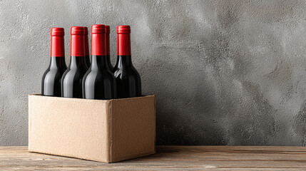 Four dark wine bottles with red caps sit in cardboard carrier on wooden surface. Bottles, packaging clean, minimalist with grey concrete wall behind. Image perfect for beverage marketing, product
