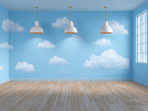 Empty room with light blue walls, clouds, and pendant lights.  Wooden floor