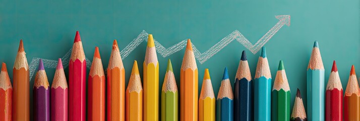 Colorful pencils arranged in a row against a teal background with a white upward trend line drawn on it