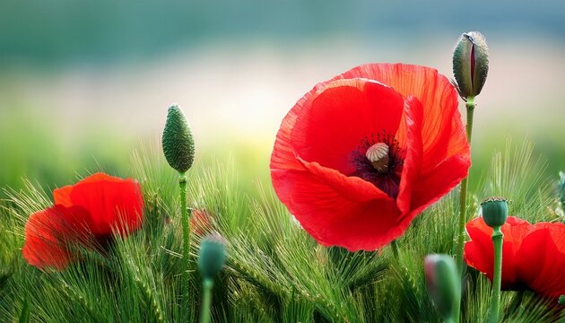 red bright poppy with buds in green grass field close up