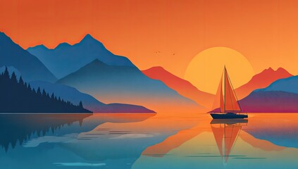 A tranquil sunset scene over a calm lake