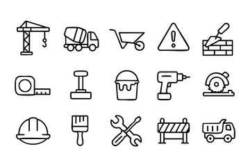 Construction and Building Line Icons Set Vector - Tools, Industry, Engineering, and Work Symbols