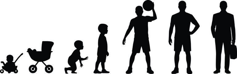 Human growth silhouette, life stages, baby to adult, development timeline, aging process, childhood, youth, maturity, evolution, identity