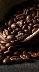 Naklejka premium Rich Dark Roasted Coffee Beans Spilling from Rustic Ceramic Bowl