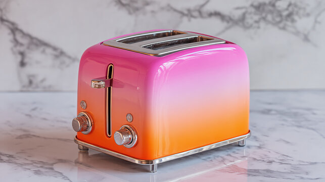 Modern toaster in pink, orange gradient stands on marble table. Kitchen appliance for home cooking breakfast. Shiny sleek equipment with metallic details. Stylish household contraption for food