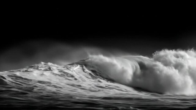 Dramatic monochrome ocean wave cresting against a dark backdrop in natural environment