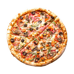Delicious vegetarian pizza with champignon mushrooms, tomatoes, mozzarella, peppers and black olives, isolated on white background  pizza isolated on white background