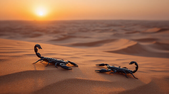 Two large black scorpions rest on orange desert sand dunes. The sun sets in the background casting a warm glow over the arid landscape. These predators prepare for nighttime activity.