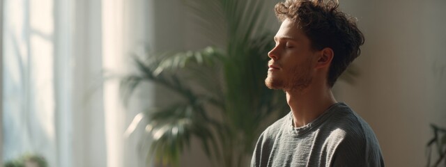 Serene Man Practicing Deep Breathing Exercises in Indoor Space Surrounded by Natural Light and Green Plants