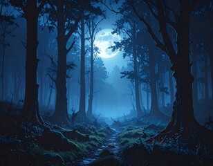 Forêt sombre sous la lune – nature mystique et lumière nocturne