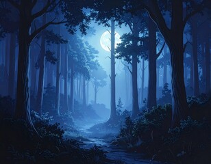 Forêt sombre sous la lune – nature mystique et lumière nocturne