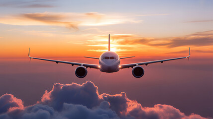 Airplane flying above the clouds at sunset commercial passenger jet in flight travel and transportation concept