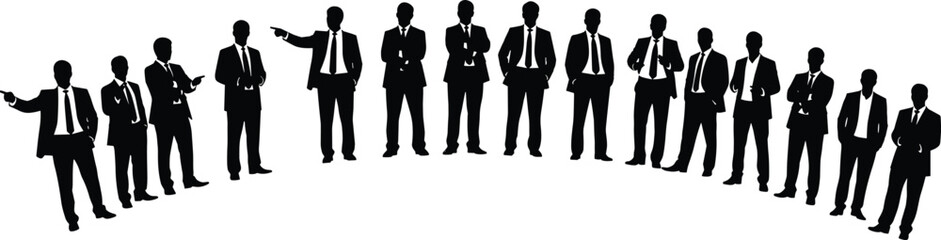 Silhouettes of multiple businessmen in suits, standing in a curved row, formal group of professionals, isolated on white background, teamwork