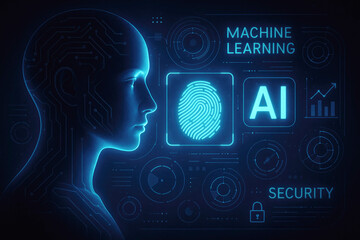 Blue glowing digital human head profile with ai interface data and security icons artificial intelligence