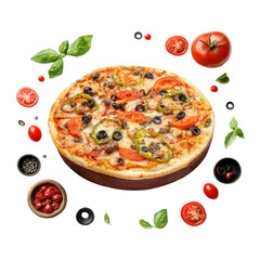 pizza with salami and vegetables