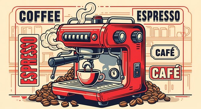 "Vintage caf&eacute; vector illustration showing a steaming espresso machine and coffee beans, with bold typography and bright red and cream tones."