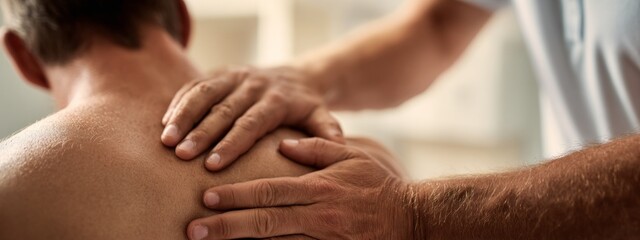 Professional Massage Technique for Relaxing Tensed Muscles in Patient's Shoulder Area with Skilled Hands