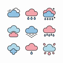 Fototapeta premium Vector illustration set of weather icons including sun, rain, cloud, snow, and wind symbols for climate forecast design