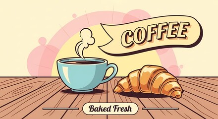 A vintage-style vector illustration of a coffee cup and croissant on a wooden table, with bright pastel tones and retro typography elements.