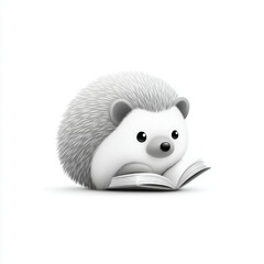 Cute 3D rendered cartoon hedgehog curled up reading a book, cheerful and simple, in black and white against a white background.