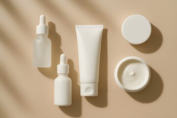 Minimalist skincare flat lay on beige background with natural light
