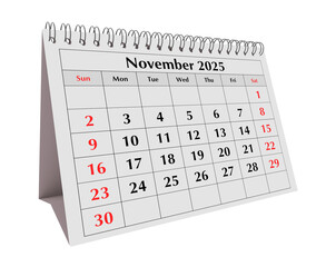 November 2025 calendar. Page of annual business desk month calendar isolated on transparent png