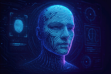 Digital Human Face and Fingerprint Scan on Futuristic Blue and Purple Circuit Board Background biometric identification