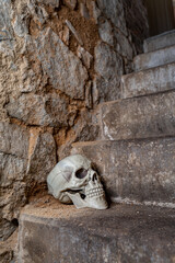 Halloween Totenkopf auf dunkler Steintreppe