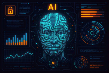 Digital human face formed from glowing blue lines on dark background with data charts artificial intelligence