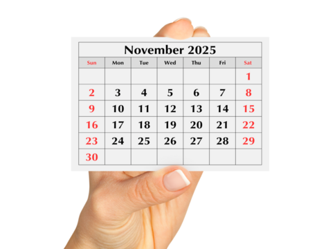 Page of the annual monthly calendar november 2025 in hand. Isolated on transparent png