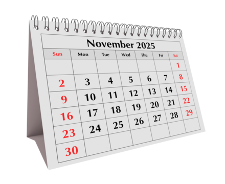November 2025 calendar. Page of annual business desk month calendar isolated on transparent png