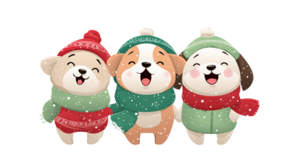 Three cute puppies wearing winter hats and scarves isolated on transparent background