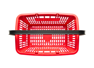 Red plastic shopping basket with black handle isolated on transparent background