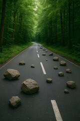 Forest road with scattered stones, tranquil nature landscape