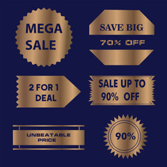 Discount sale tags with gold accents on a dark blue background  