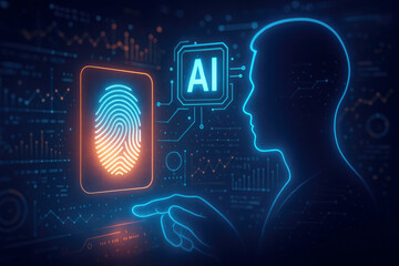 Futuristic digital interface with glowing fingerprint scan and AI symbol artificial intelligence technology
