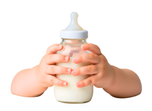 Child hands holding a glass bottle of milk isolated on transparent background