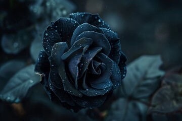 Obraz premium Close-up of black rose adorned with dewdrops, capturing its velvety texture. Background is blurred, enhancing flowers elegance and mystique. Neural network AI generated