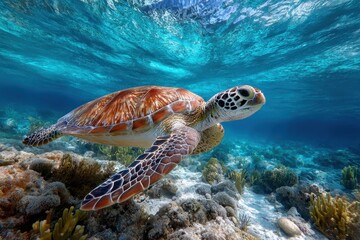Obraz premium Sea Turtle Gliding Through Clear Blue Ocean Waters