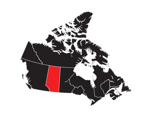 Fototapeta premium A map of Canada with the province of Alberta highlighted in red against a black background.