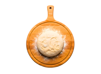 Oval wooden cutting board with raw bread dough and flour isolated on transparent background