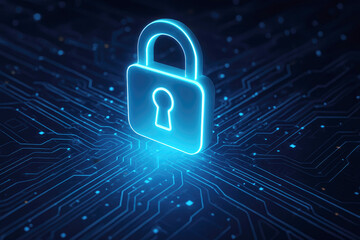 Glowing blue digital padlock icon on circuit board background with data streams cybersecurity security