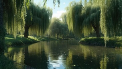 Serene park scene with weeping willows