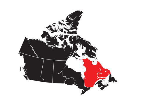 A black and white map of Canada with the province of Newfoundland and Labrador highlighted in red.