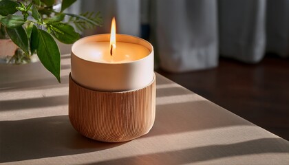 burning candle in modern minimalist holder creates warm ambiance for relaxation and mindfulness