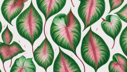 caladium leaf green and pink pattern on white background
