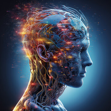 Android humanoid robot with human face and brain with different wires, lights, electronics on dark blue background. Bionicle people concept 