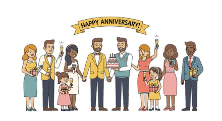 Anniversary Celebration: Diverse Group Enjoying Party with Champagne and Cake Together