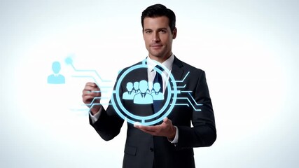 Focused Businessman in Dark Suit Interacting with Glowing Blue Target Icon Against a Clean White Background, Digital Effect and Targeting Concept